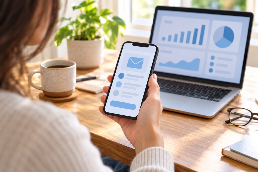 Person reviewing an email campaign on a phone with a campaign dashboard on a laptop behind