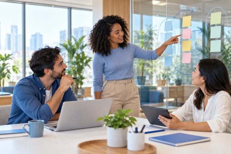 Marketing team planning a strategy with sticky notes on a glass wall