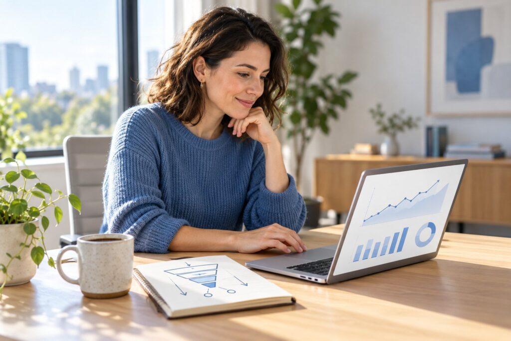 Marketer reviewing a website analytics dashboard beside a notebook with a sales funnel sketch